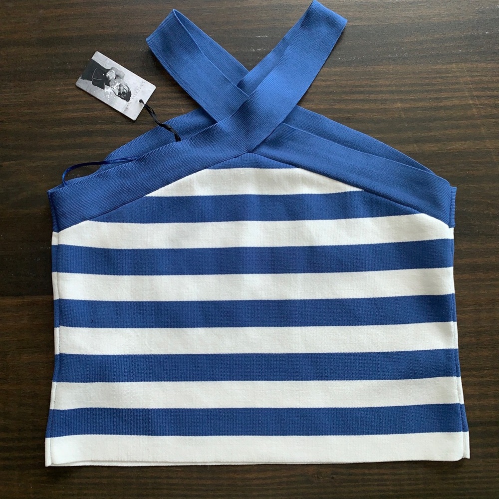Sincerely Jules Criss Cross Halter Blue And White Tank Top Women Size Large
